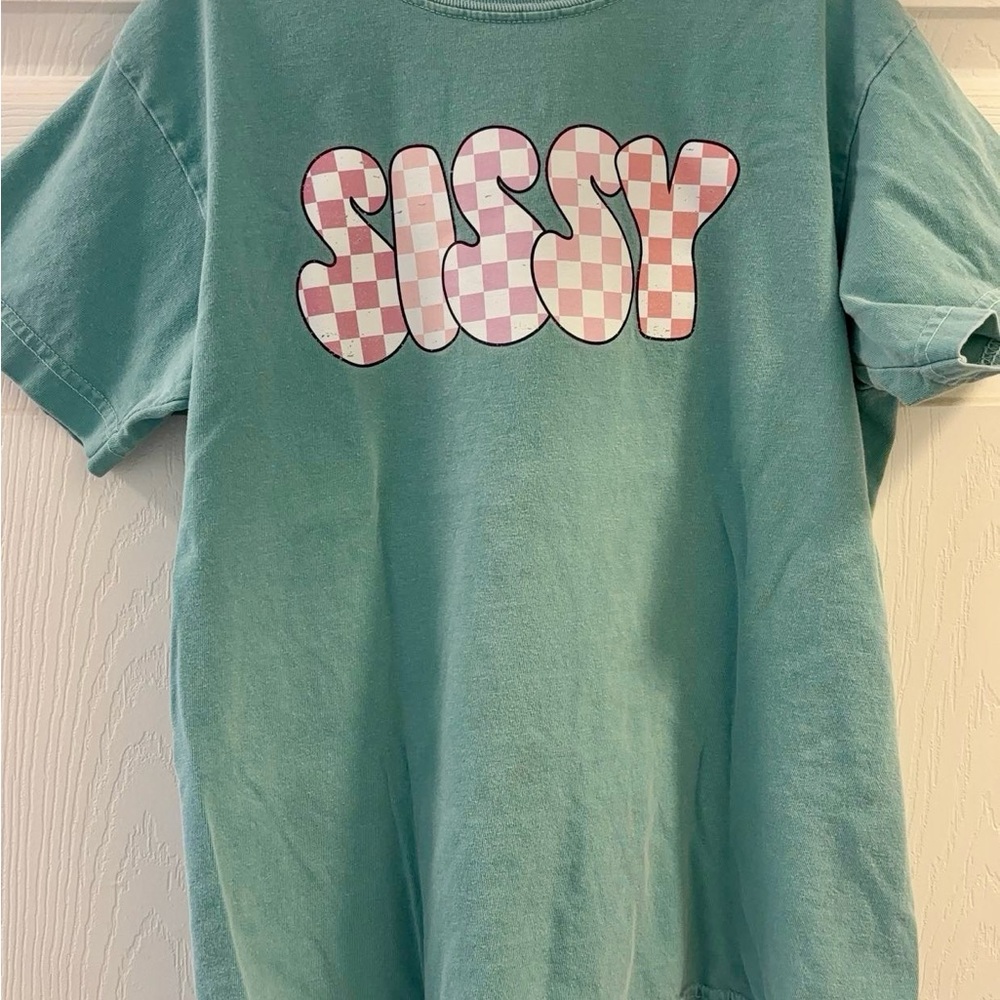 Sissy Graphic Kids Tee - Mint Green with Pink Checker Logo